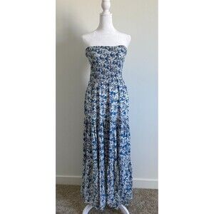 Strapless Blue Floral Smocked Maxi Dress